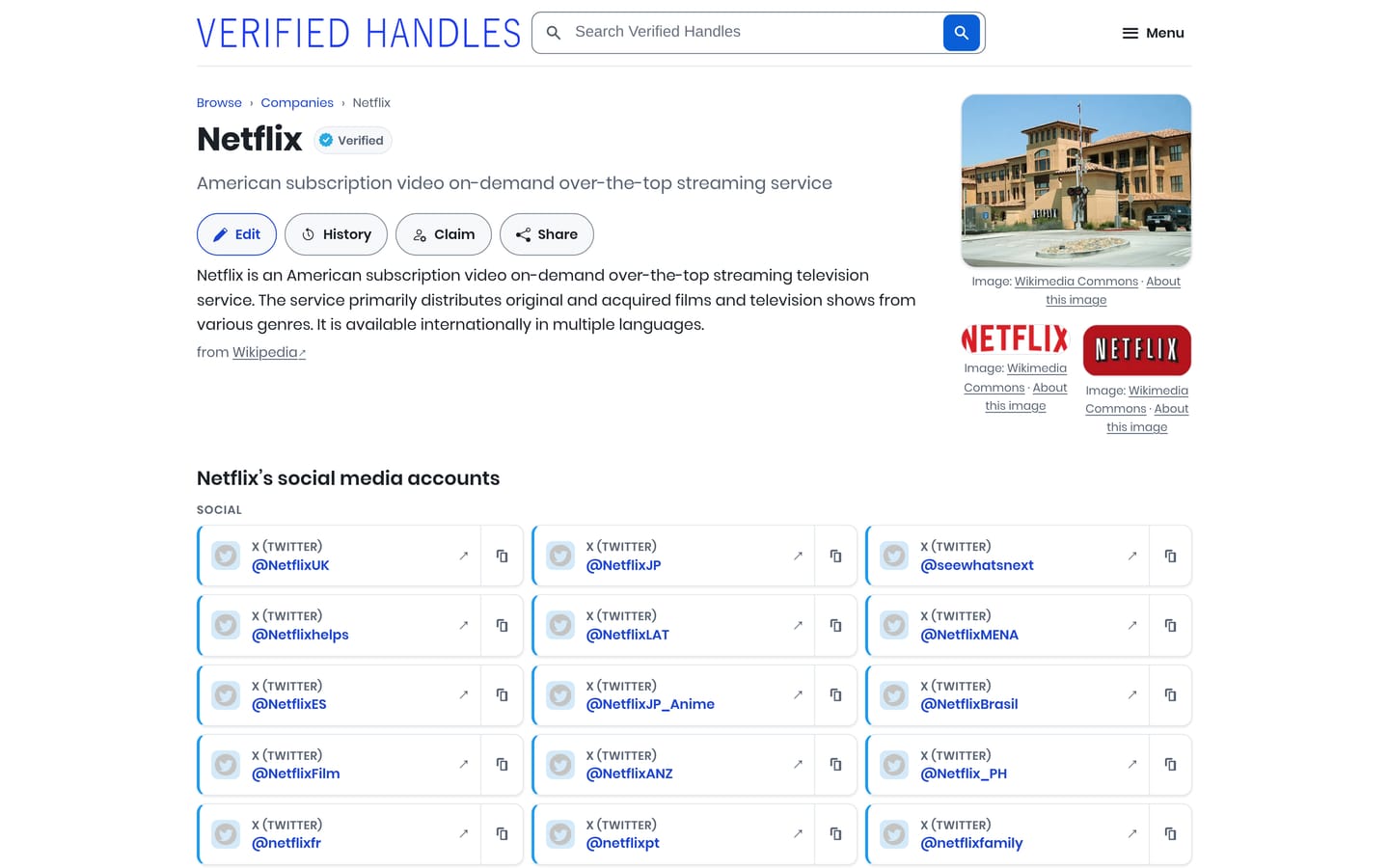 Netflix's entry on Verified Handles: its description, images from Wikimedia Commons and its official accounts on X.