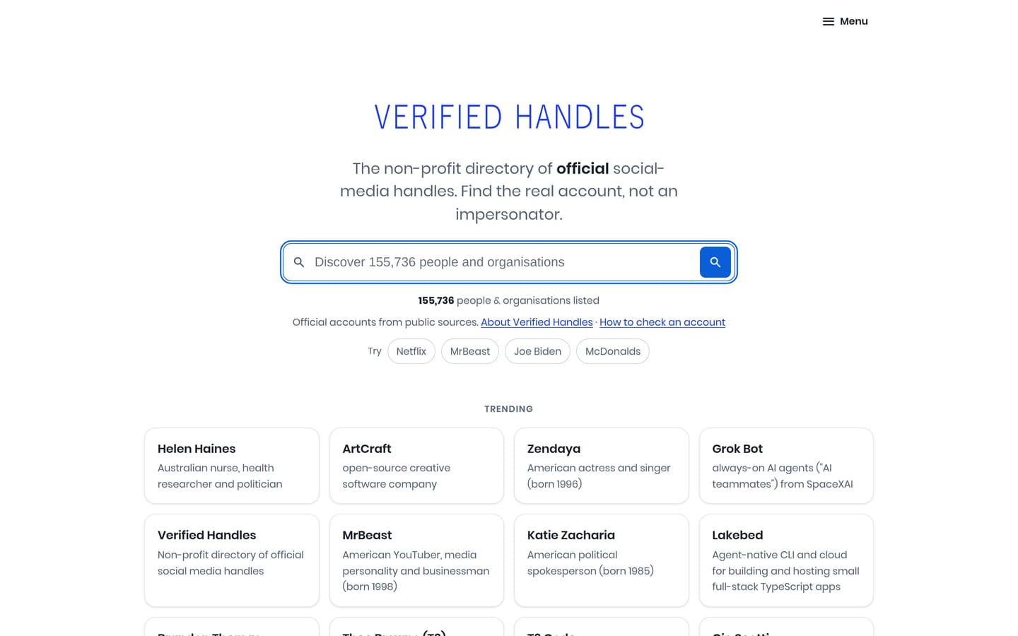 The verifiedhandles.org home page: a search box for 155,736 people and organisations, and a grid of trending entries.