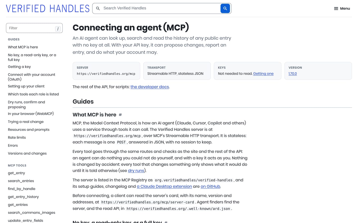 The guide to connecting an agent on verifiedhandles.org: server address, transport, keys and version, then the guides.